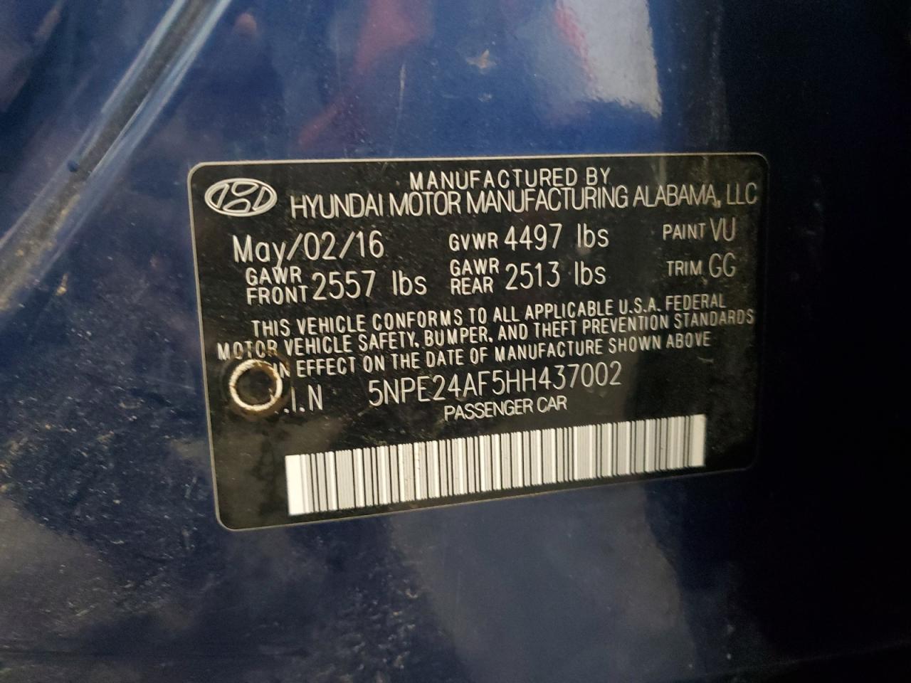 2017 Hyundai Sonata VIN 5NPE24AF5HH437002 Copart auction photo, front end / side damage thumbnail 15
