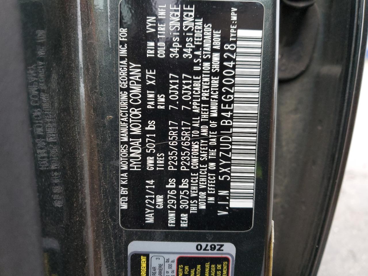 2014 Hyundai Santa Fe VIN 5XYZUDLB4EG200428 Copart auction photo, front end / rear end damage thumbnail 13