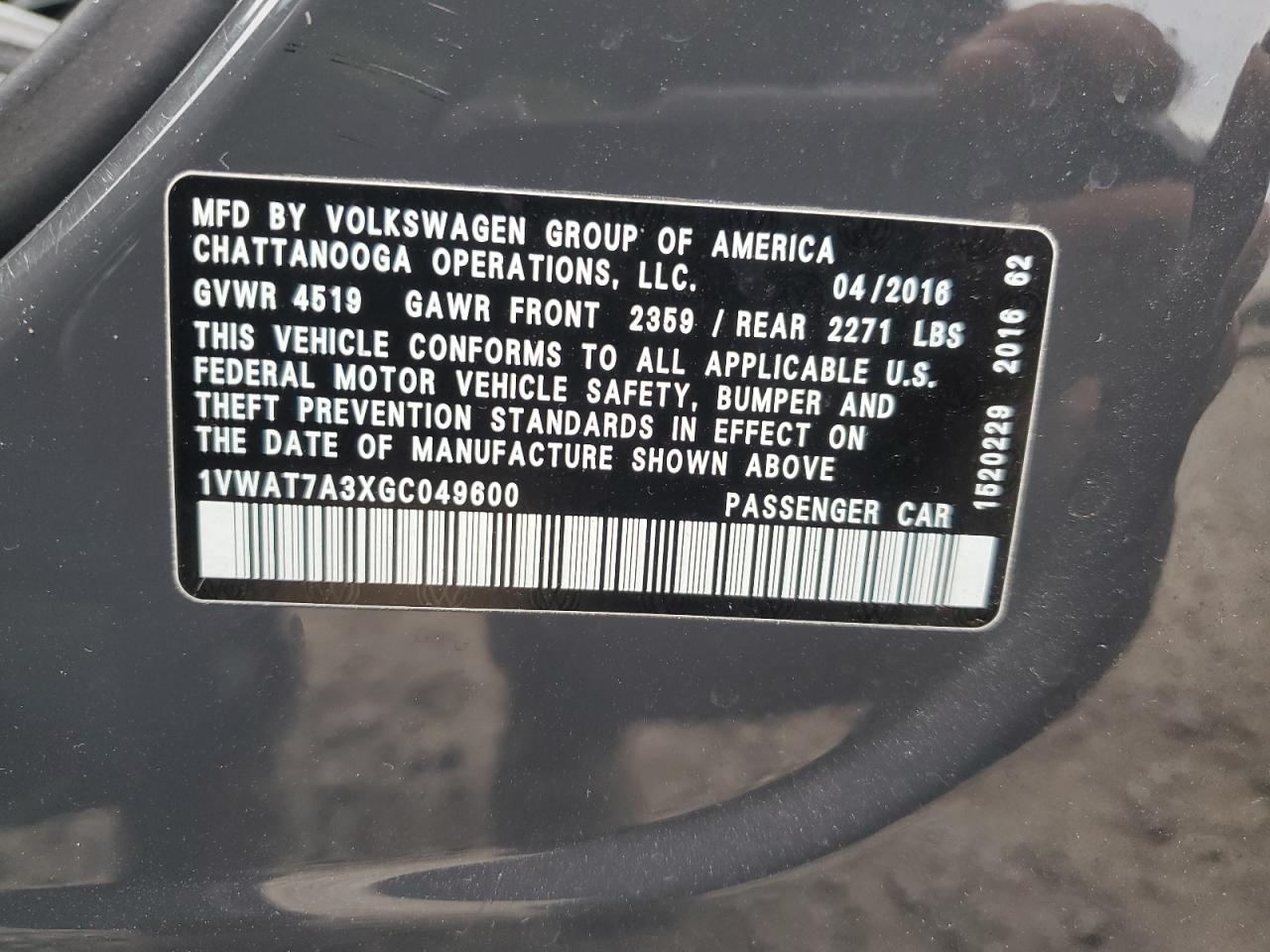 2016 Volkswagen Passat VIN 1VWAT7A3XGC049600 Copart auction photo, all over damage thumbnail 13
