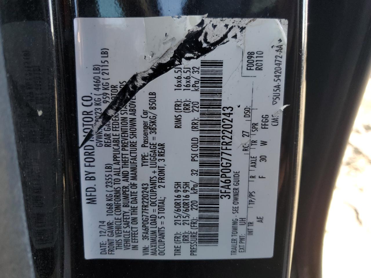 2015 Ford Fusion VIN 3FA6P0G77FR220243 Copart auction photo, front end damage thumbnail 14