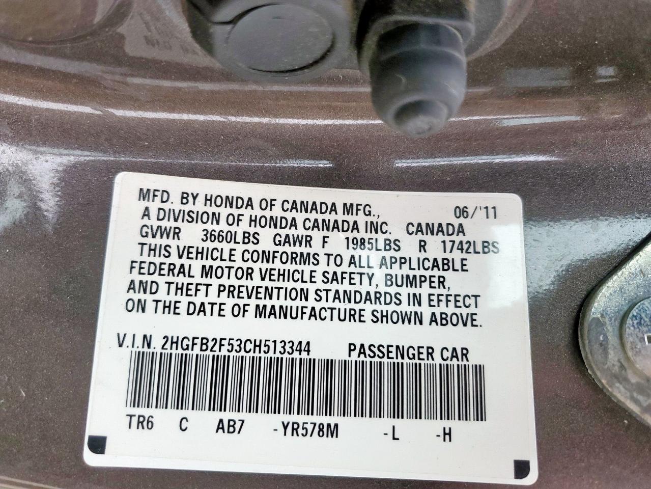 2012 Honda Civic VIN 2HGFB2F53CH513344 Copart auction photo, front end damage thumbnail 12