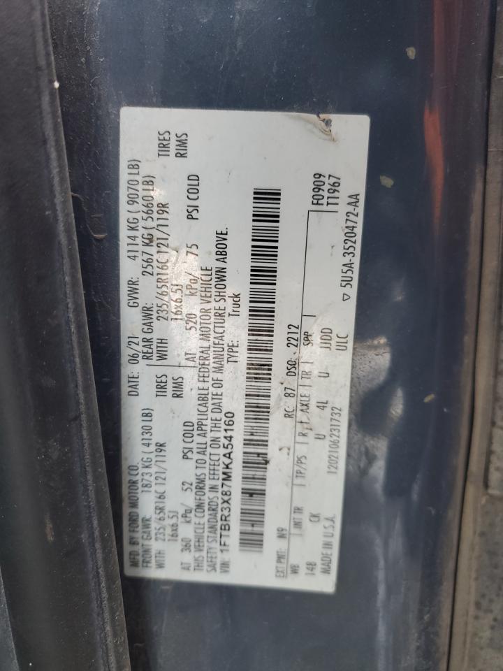 2021 Ford Transit VIN 1FTBR3X87MKA54160 Copart auction photo, rear end / side damage thumbnail 13