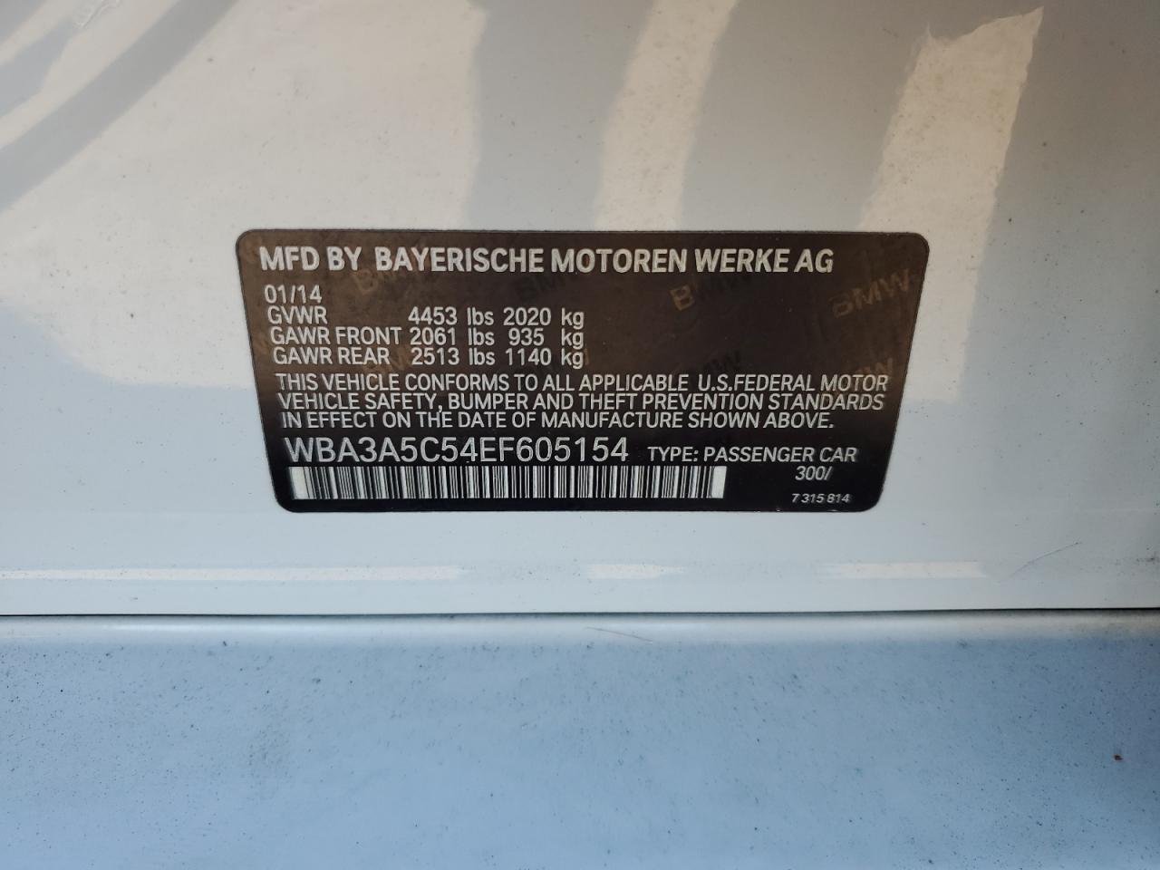 2014 BMW 3er VIN WBA3A5C54EF605154 Copart auction photo, water/flood damage thumbnail 13