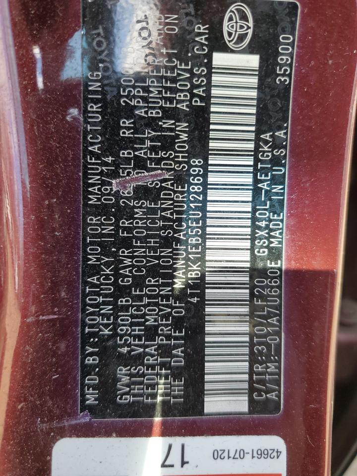 2014 Toyota Avalon VIN 4T1BK1EB5EU128698 Copart auction photo, rear end damage thumbnail 12