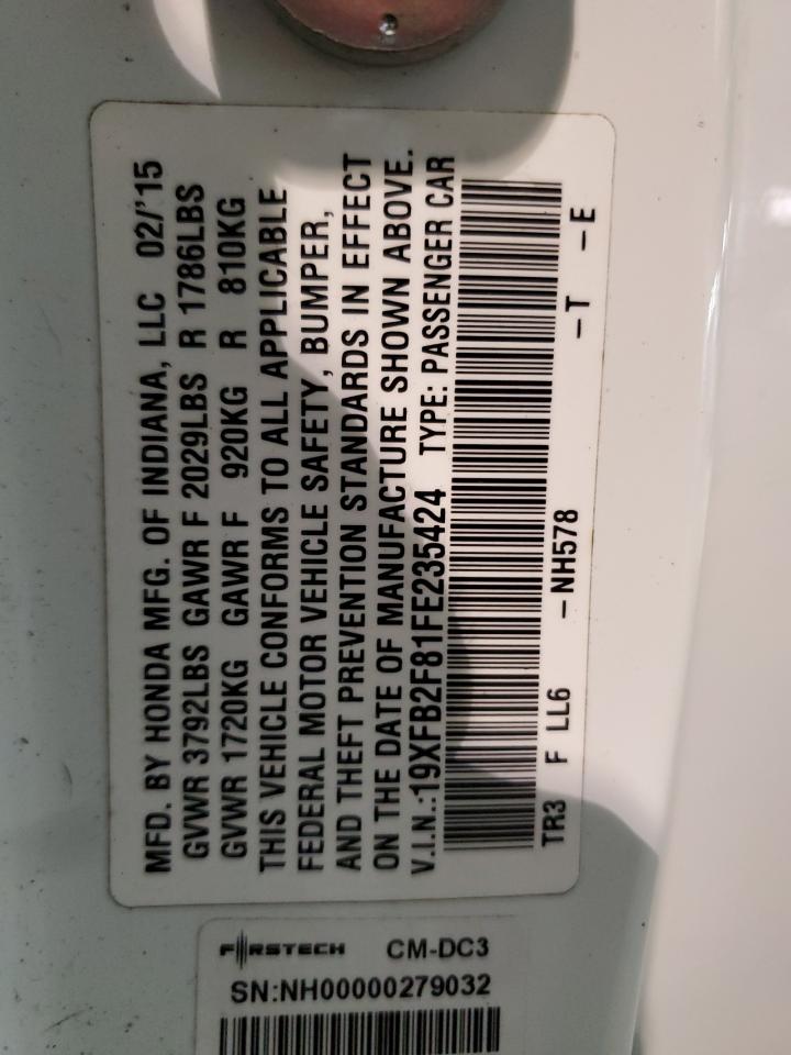 2015 Honda Civic VIN 19XFB2F81FE235424 Copart auction photo, rear end damage thumbnail 15