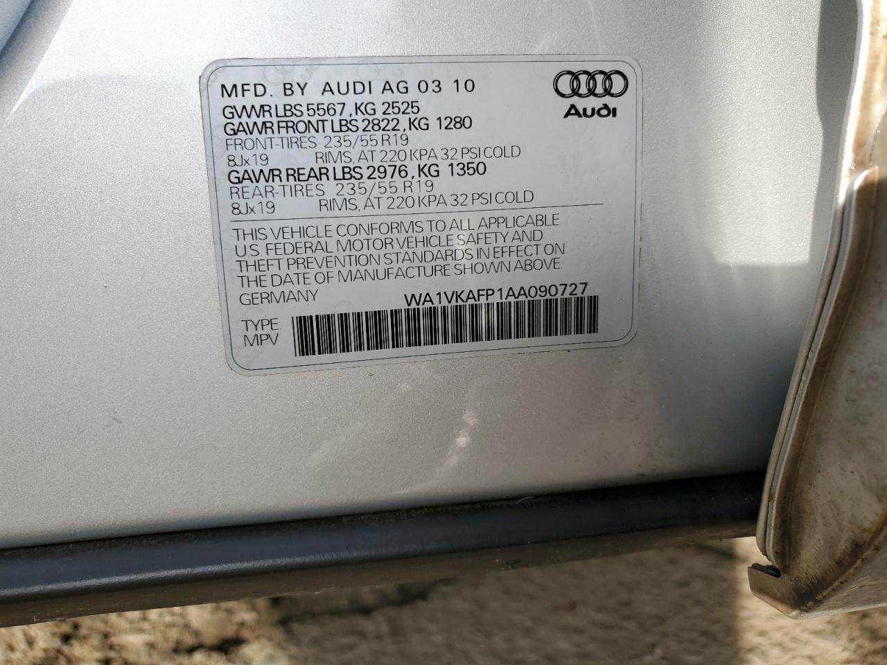 2010 Audi Q5 VIN WA1VKAFP1AA090727 Copart auction photo, front end / minor dent/scratches damage thumbnail 15