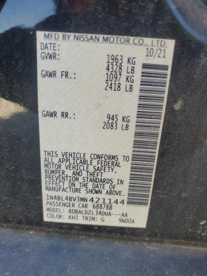 2021 Nissan Altima VIN 1N4BL4BV3MN421144 Copart auction photo, front end damage thumbnail 12