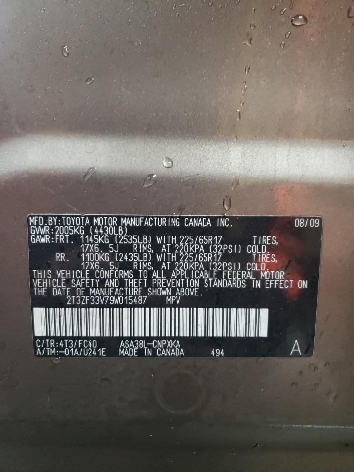 2009 Toyota RAV 4 VIN 2T3ZF33V79W015487 Copart auction photo, front end / side damage thumbnail 12