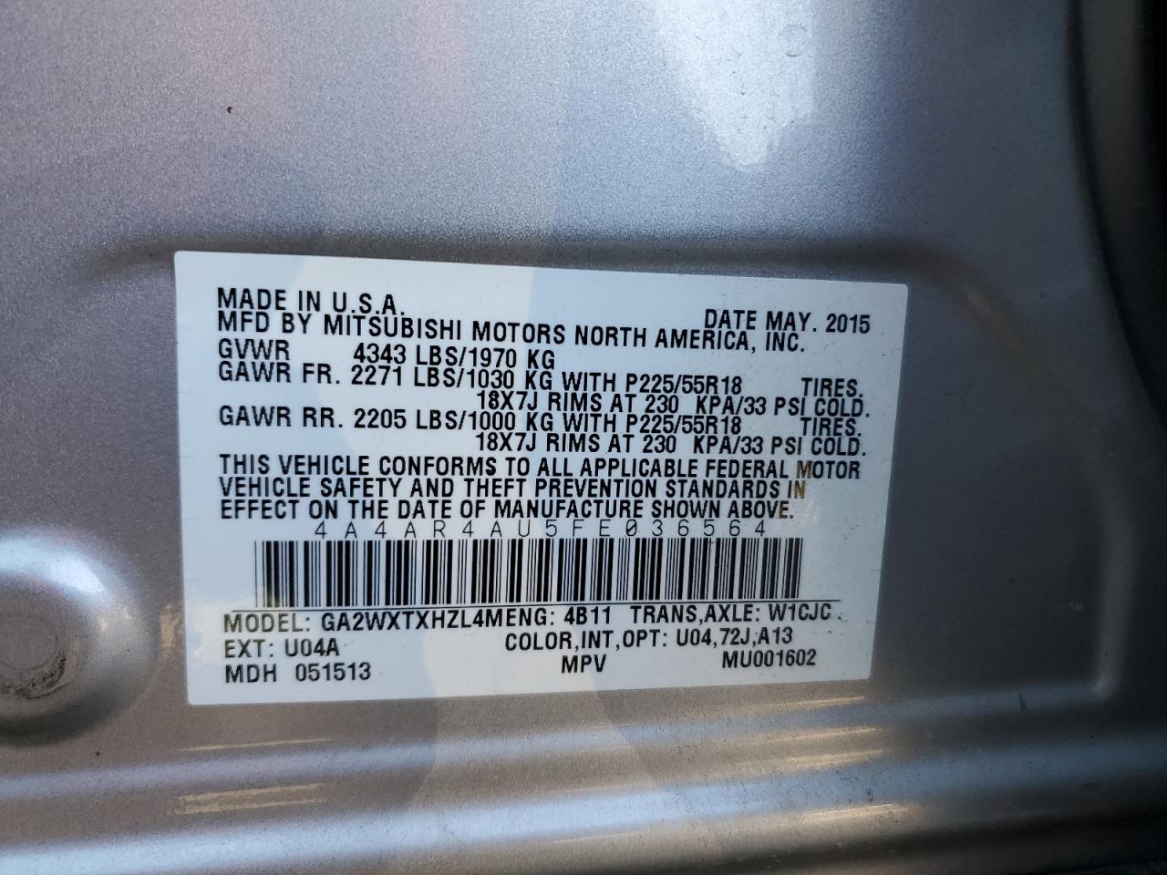 2015 Mitsubishi Outlander VIN 4A4AR4AU5FE036564 Copart auction photo, front end damage thumbnail 13