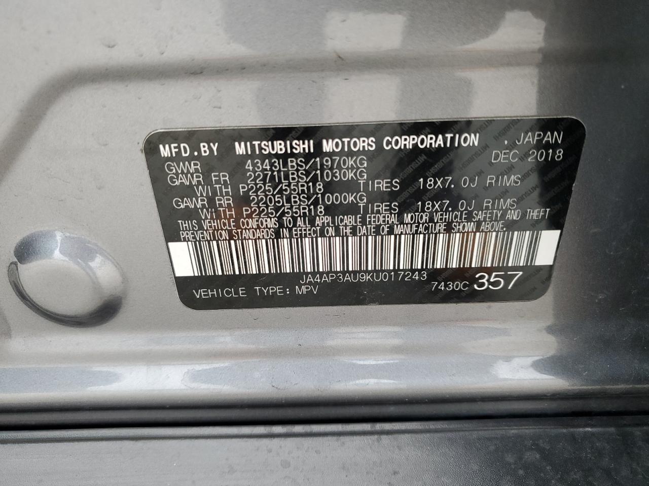 2019 Mitsubishi Outlander VIN JA4AP3AU9KU017243 Copart auction photo, front end damage thumbnail 13