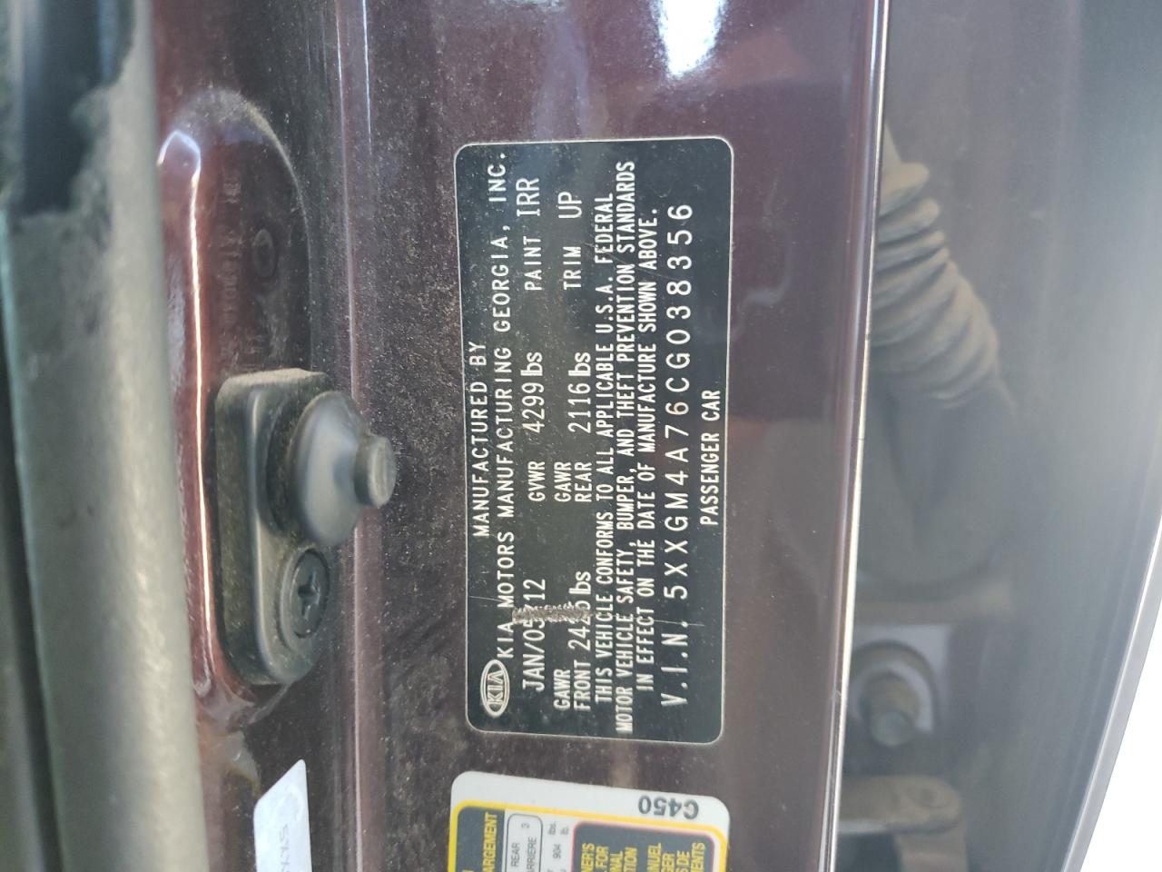 2012 KIA Optima VIN 5XXGM4A76CG038356 Copart auction photo, front end damage thumbnail 12