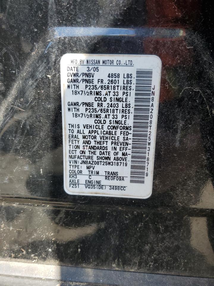 2005 Nissan Murano VIN JN8AZ08T25W318719 Copart auction photo, rear end damage thumbnail 13