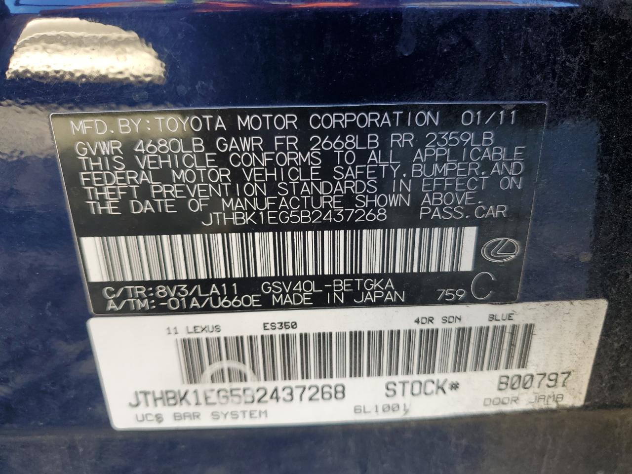 2011 Lexus ES VIN JTHBK1EG5B2437268 Copart auction photo, front end / side damage thumbnail 12