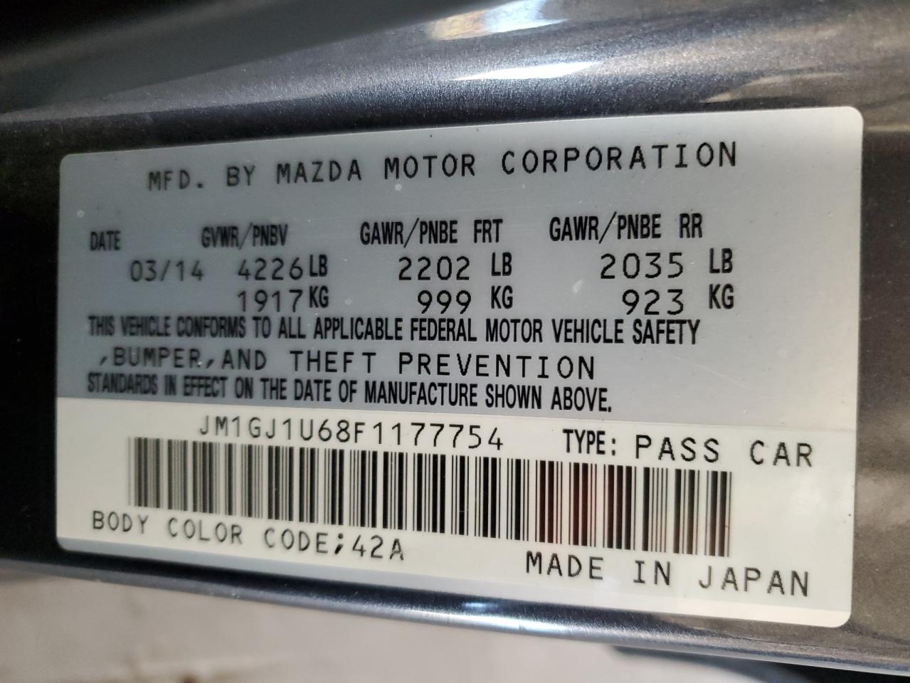 2015 Mazda 6 VIN JM1GJ1U68F1177754 Copart auction photo, side / rear end damage thumbnail 12