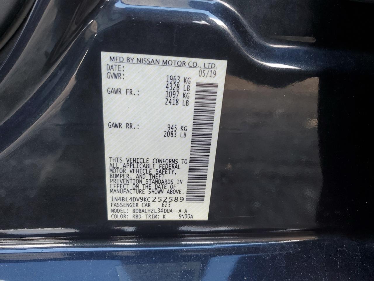 2019 Nissan Altima VIN 1N4BL4DV9KC252589 Copart auction photo, front end / minor dent/scratches damage thumbnail 14