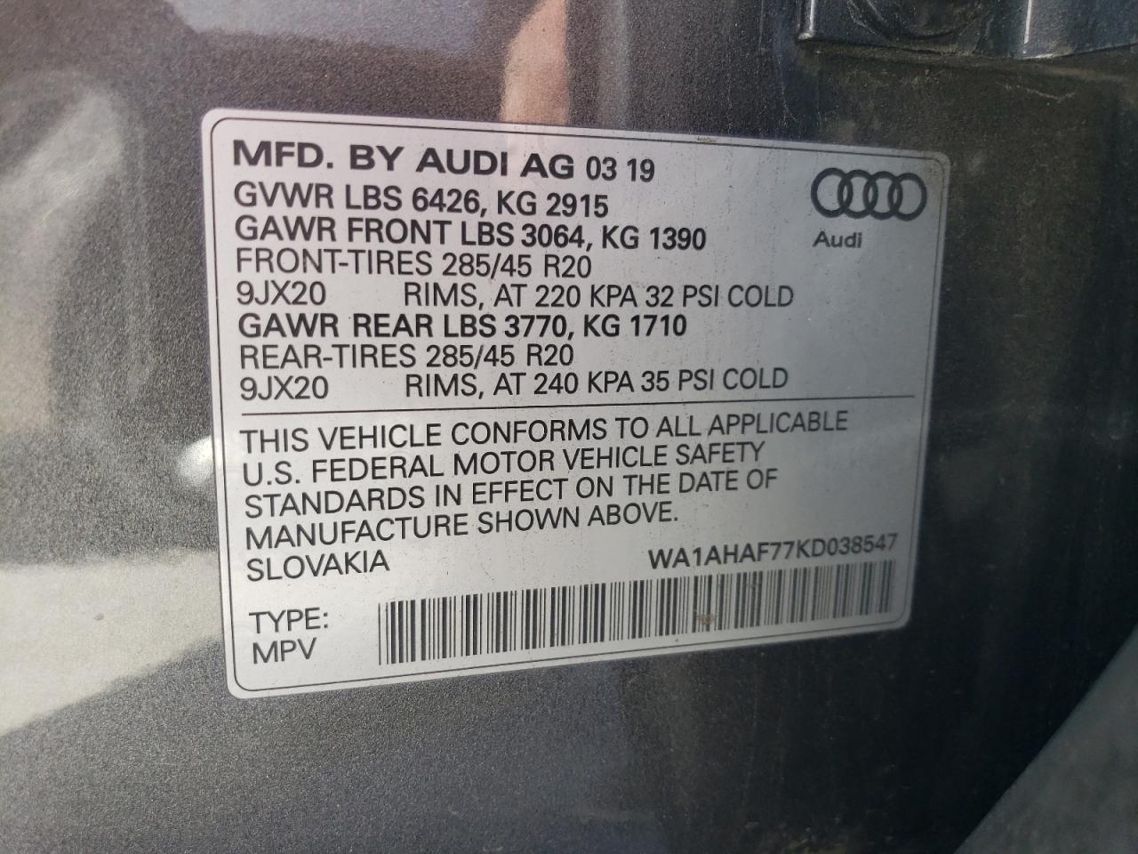 2019 Audi Q7 VIN WA1AHAF77KD038547 Copart auction photo, minor dent/scratches damage thumbnail 13