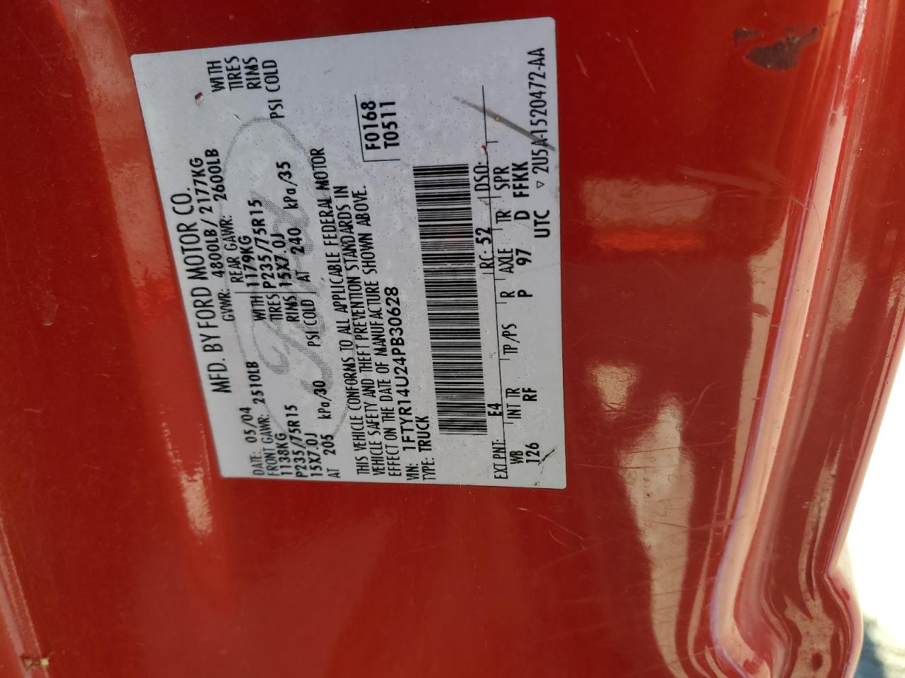 2004 Ford Ranger VIN 1FTYR14U24PB30628 Copart auction photo, front end damage thumbnail 12