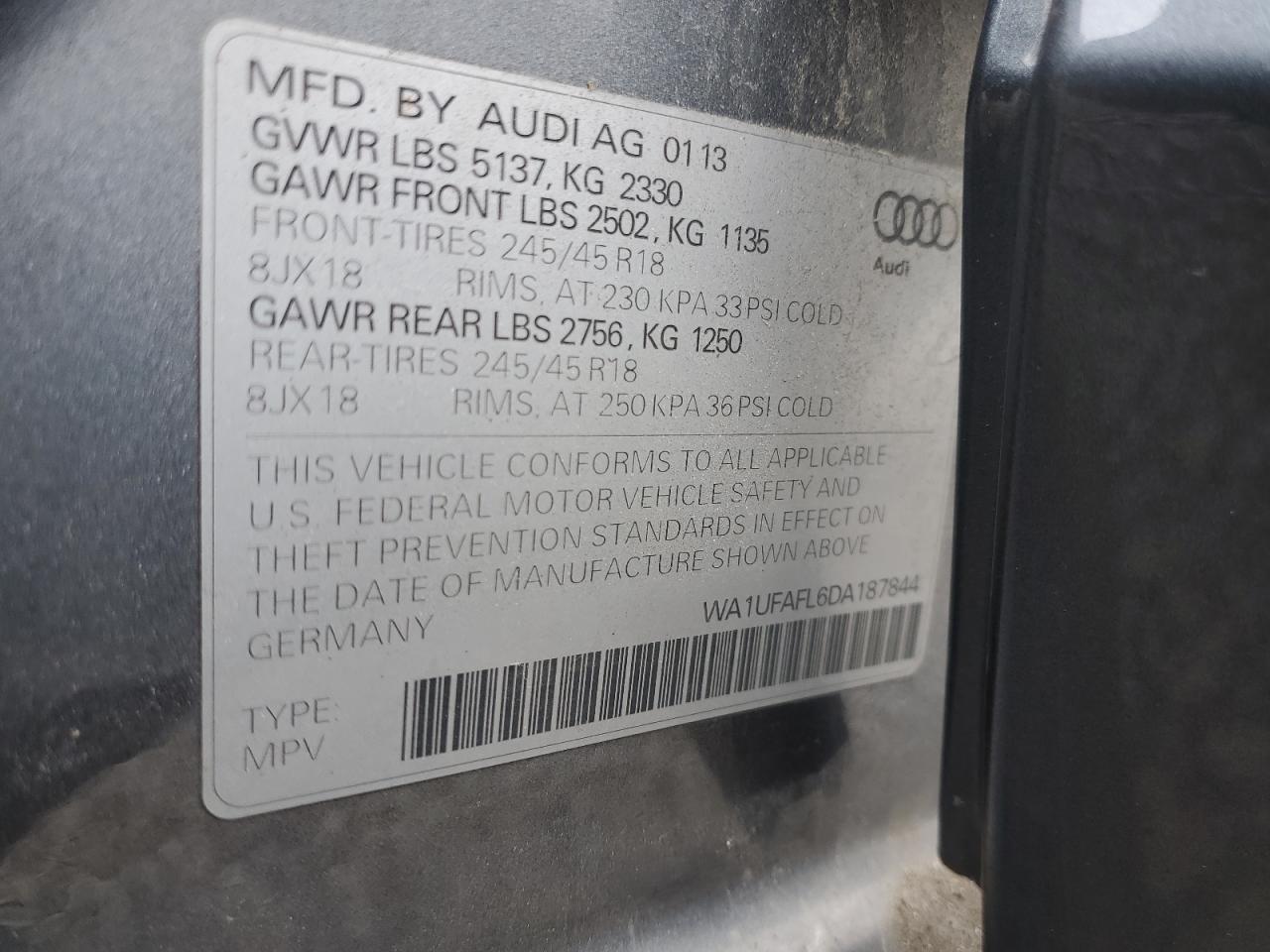 2013 Audi A4 VIN WA1UFAFL6DA187844 Copart auction photo, normal wear damage thumbnail 13