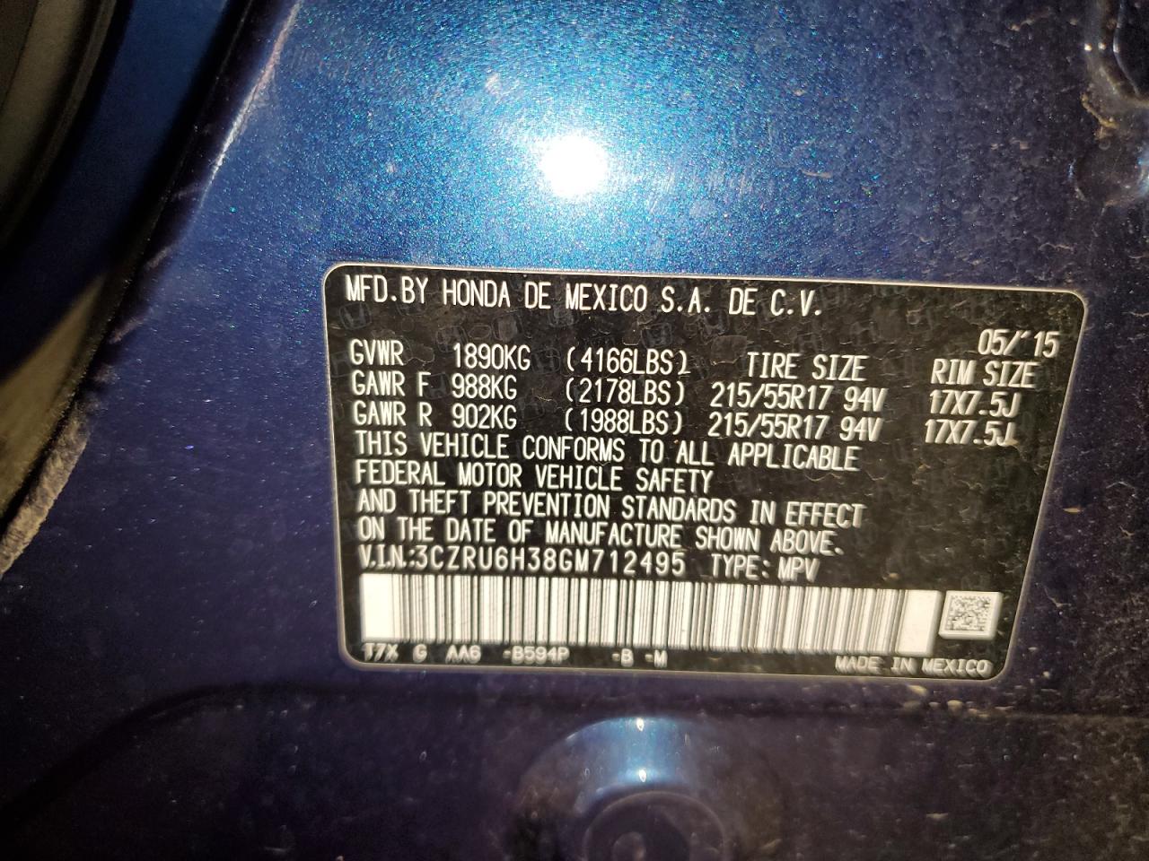 2016 Honda HR-V VIN 3CZRU6H38GM712495 Copart auction photo, side / front end damage thumbnail 15