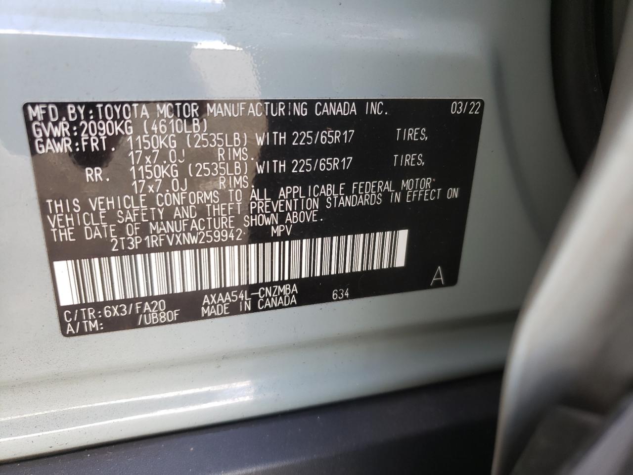 2022 Toyota RAV 4 VIN 2T3P1RFVXNW259942 Copart auction photo, rear end damage thumbnail 13