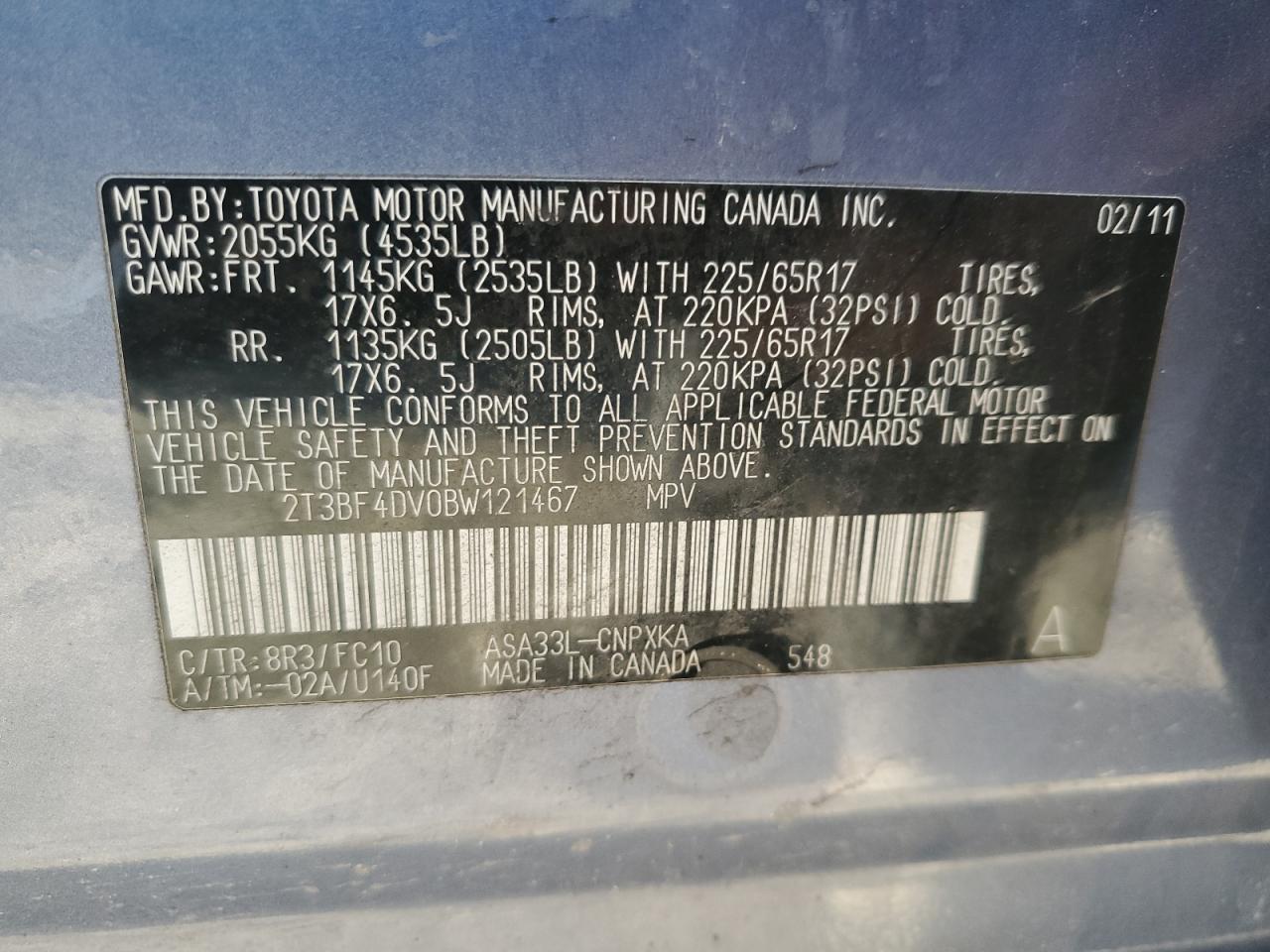 2011 Toyota RAV 4 VIN 2T3BF4DV0BW121467 Copart auction photo, front end damage thumbnail 13