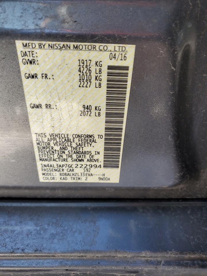 2016 Nissan Altima VIN 1N4AL3AP7GC222994 Copart auction photo, front end / minor dent/scratches damage thumbnail 13