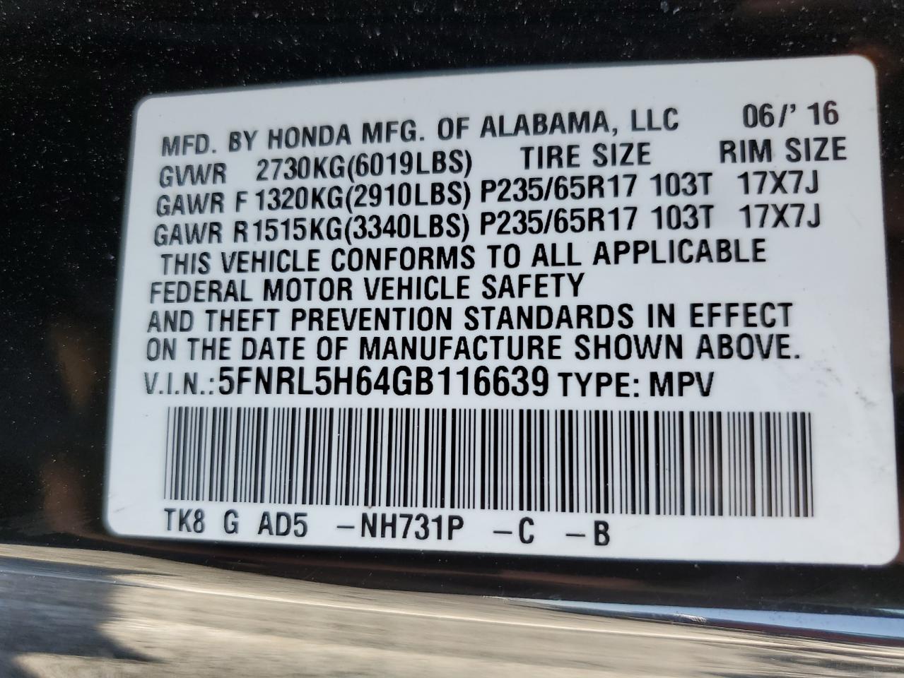 2016 Honda Odyssey VIN 5FNRL5H64GB116639 Copart auction photo, front end damage thumbnail 14
