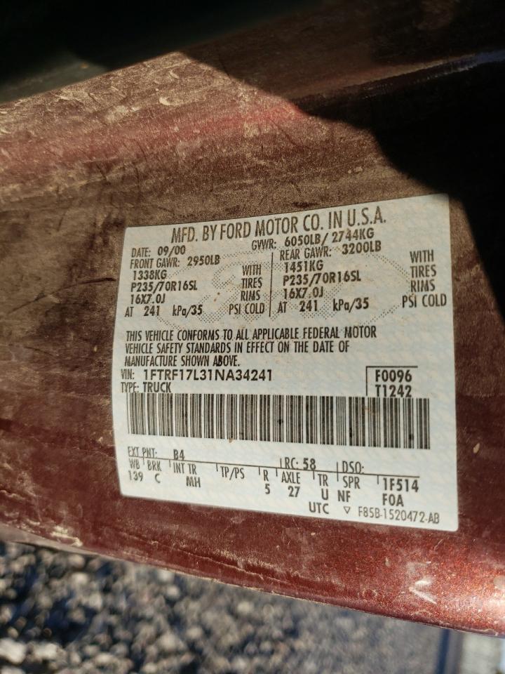 2001 Ford F-150 VIN 1FTRF17L31NA34241 Copart auction photo, all over damage thumbnail 12