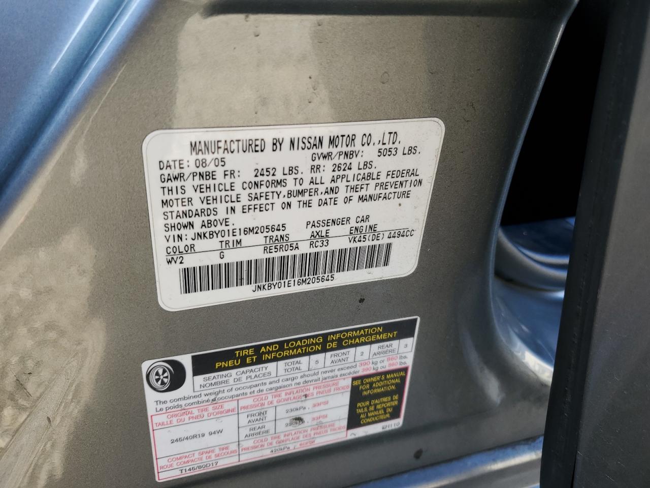 2006 Infiniti M VIN JNKBY01E16M205645 Copart auction photo, front end / side damage thumbnail 14