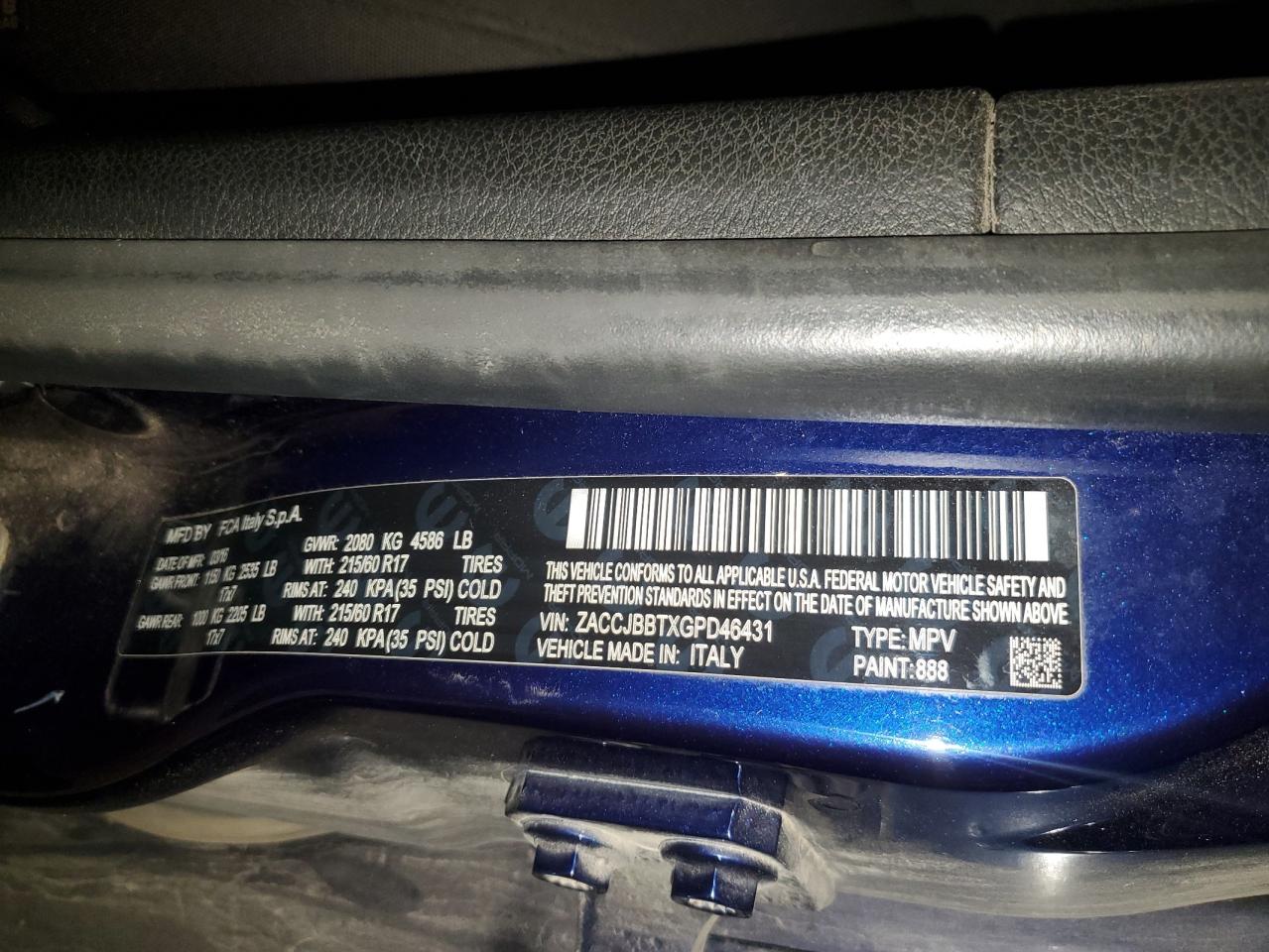 2016 Jeep Renegade VIN ZACCJBBTXGPD46431 Copart auction photo, front end / undercarriage damage thumbnail 13