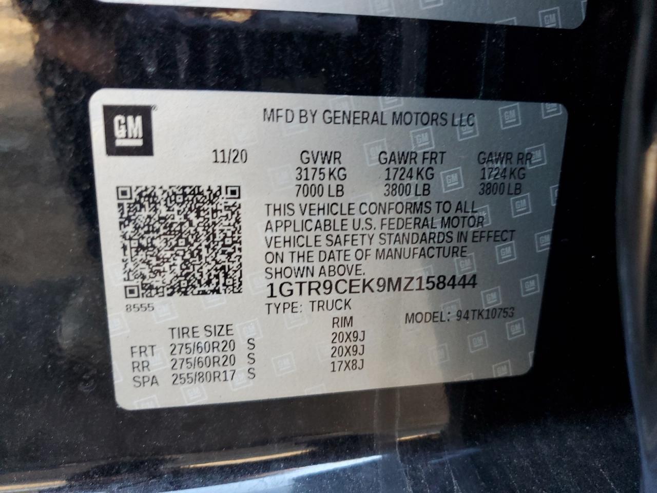 2021 GMC Sierra VIN 1GTR9CEK9MZ158444 Copart auction photo, undercarriage / minor dent/scratches damage thumbnail 12