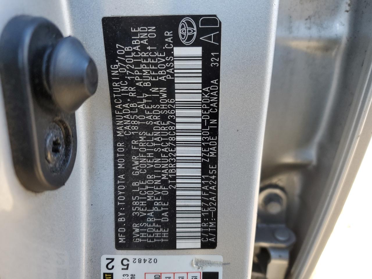 2008 Toyota Corolla VIN 2T1BR32E78C873626 Copart auction photo, all over damage thumbnail 12