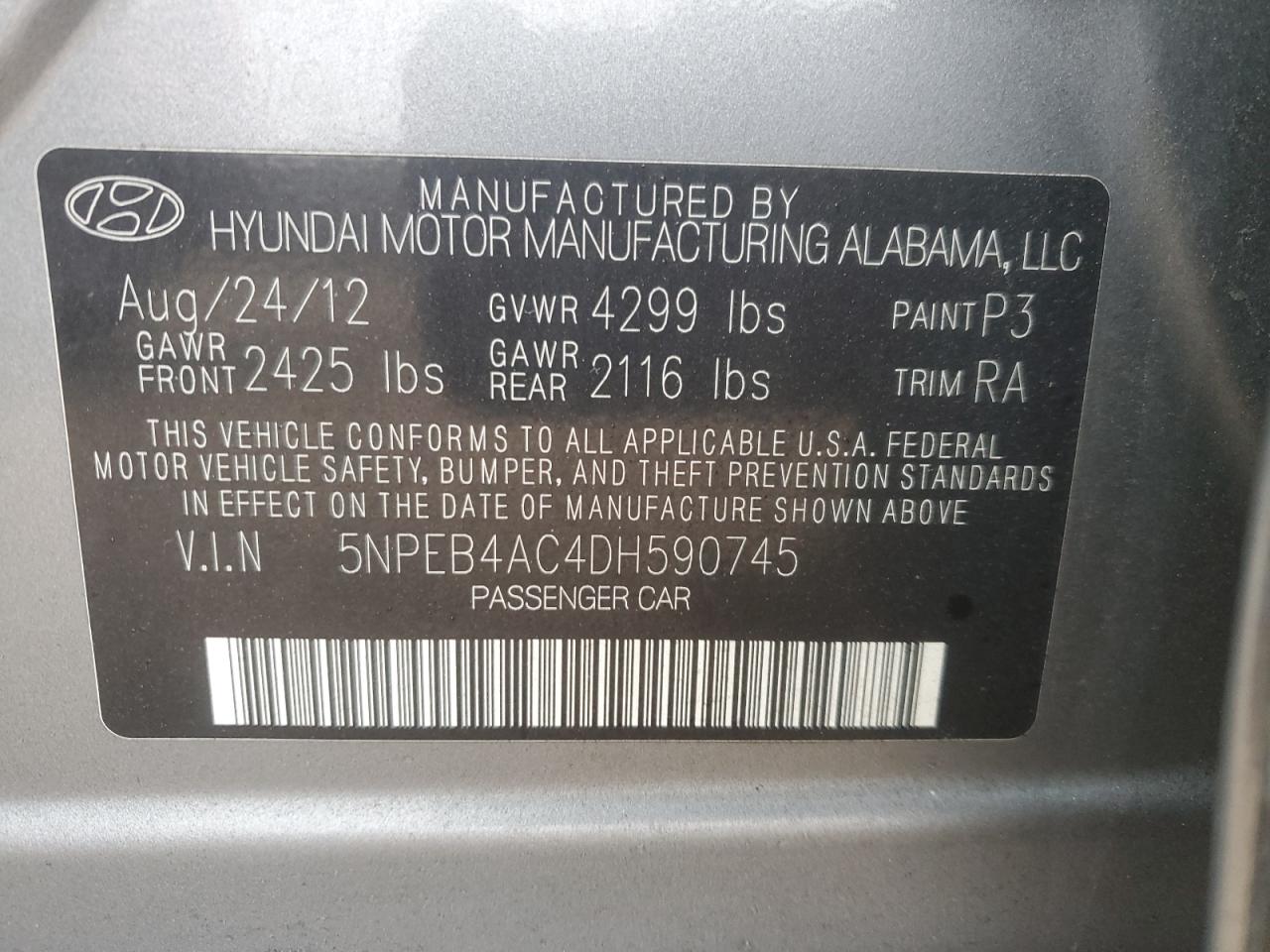 2013 Hyundai Sonata VIN 5NPEB4AC4DH590745 Copart auction photo, side damage thumbnail 14