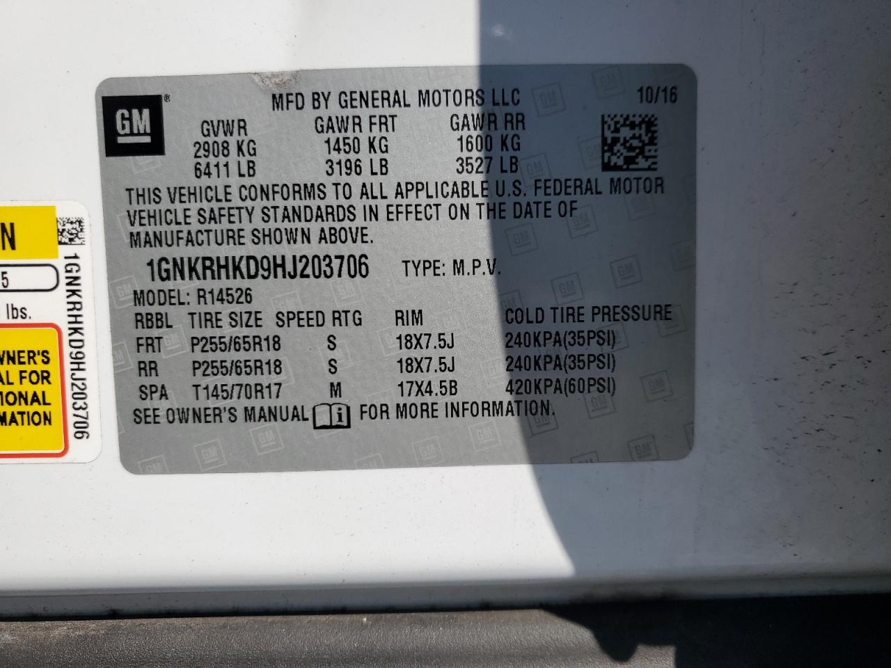 2017 Chevrolet Traverse VIN 1GNKRHKD9HJ203706 Copart auction photo, side / rear end damage thumbnail 15