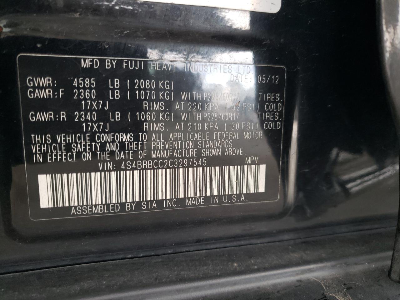 2012 Subaru Outback VIN 4S4BRBCC2C3297545 Copart auction photo, side / rear end damage thumbnail 12