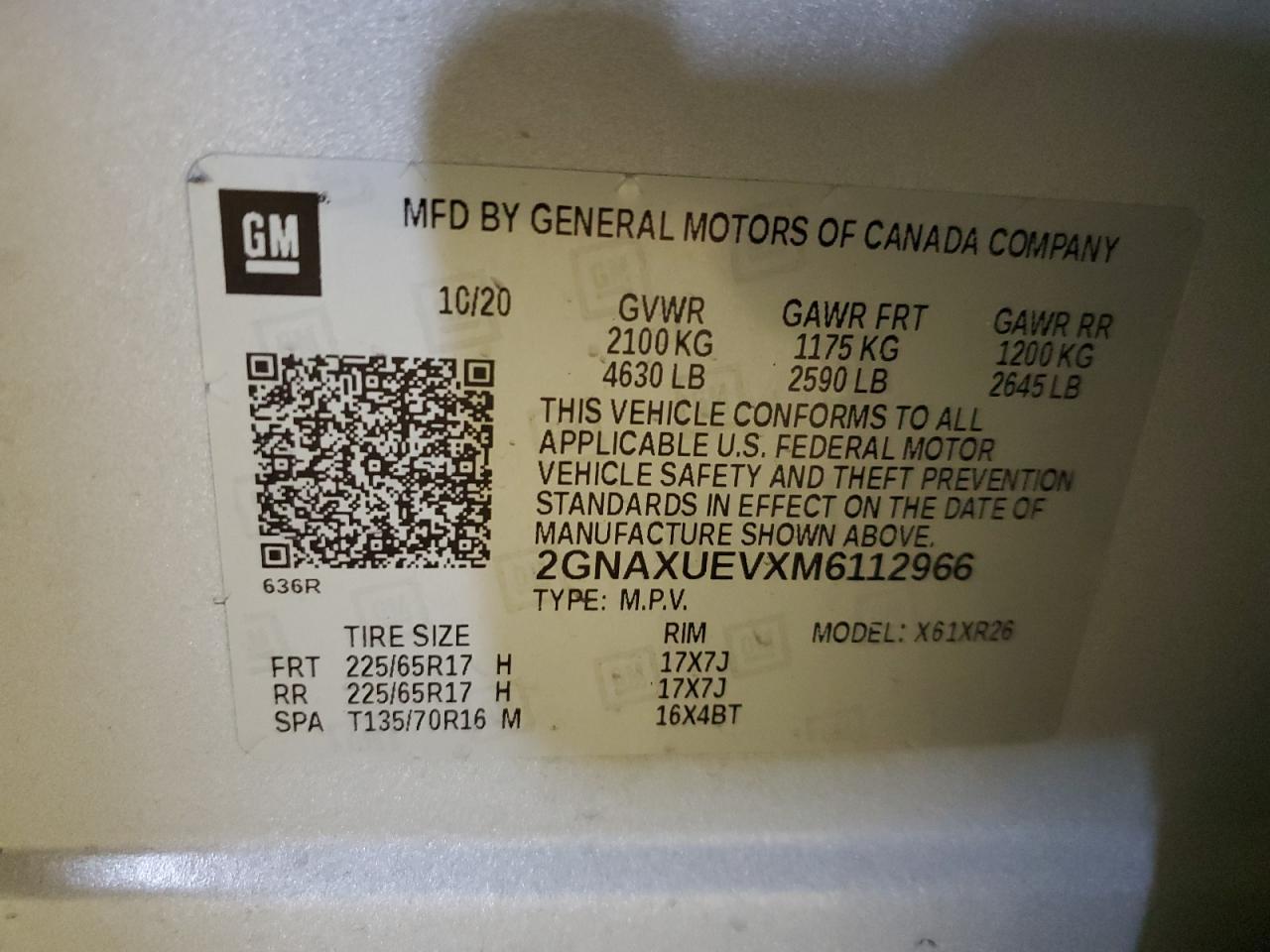 2021 Chevrolet Equinox VIN 2GNAXUEVXM6112966 Copart auction photo, side / rear end damage thumbnail 16
