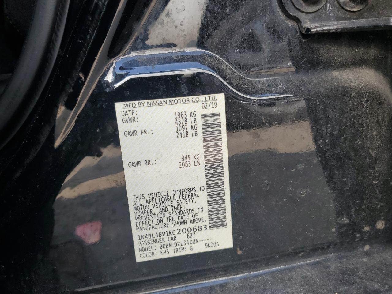 2019 Nissan Altima VIN 1N4BL4BV1KC200683 Copart auction photo, rear end / side damage thumbnail 13