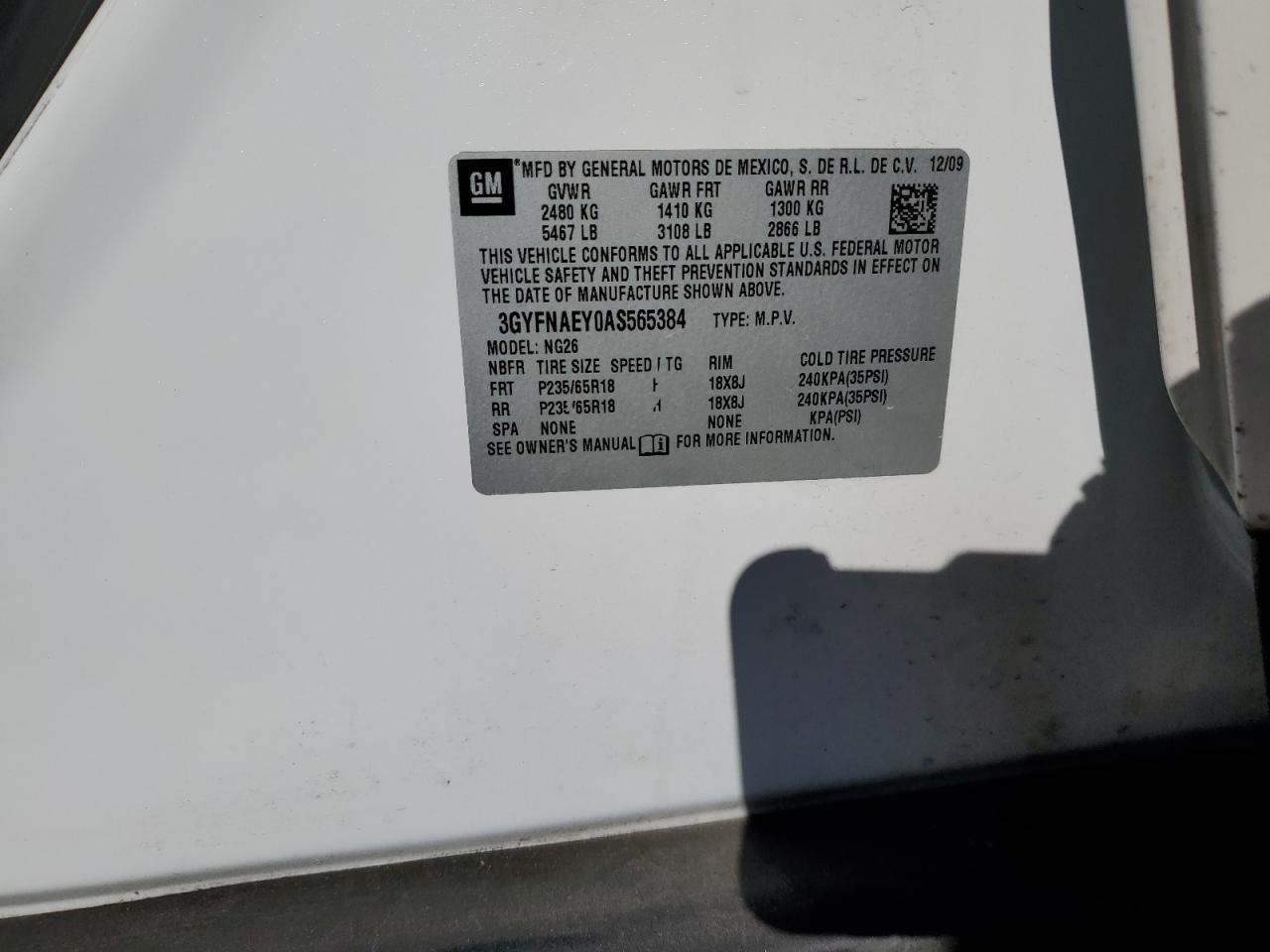 2010 Cadillac SRX VIN 3GYFNAEY0AS565384 Copart auction photo, rear end damage thumbnail 13