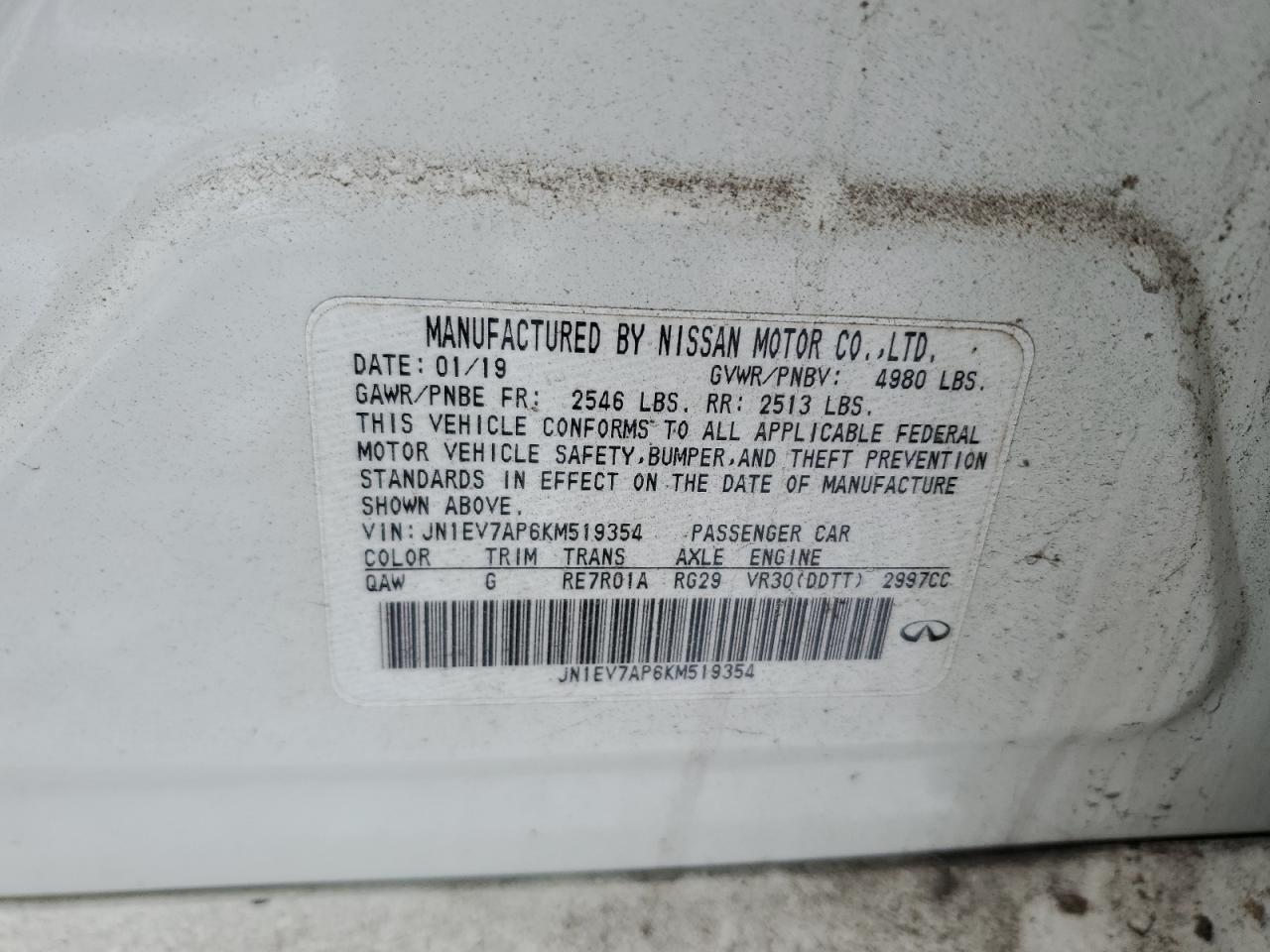 2019 Infiniti Q50 VIN JN1EV7AP6KM519354 Copart auction photo, vandalism / front end damage thumbnail 12