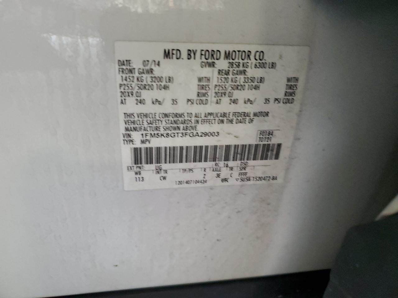 2015 Ford Explorer VIN 1FM5K8GT3FGA29003 Copart auction photo, minor dent/scratches damage thumbnail 13