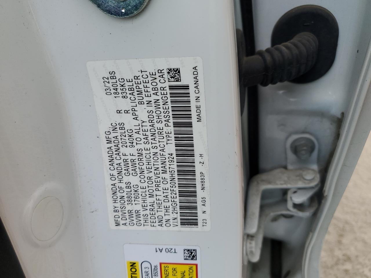 2022 Honda Civic VIN 2HGFE2F50NH571924 Copart auction photo, front end damage thumbnail 14