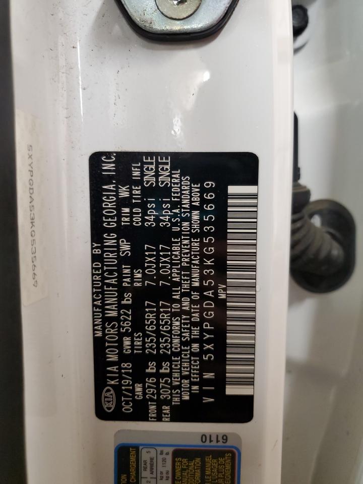 2019 KIA Sorento VIN 5XYPGDA53KG535669 Copart auction photo, front end damage thumbnail 14