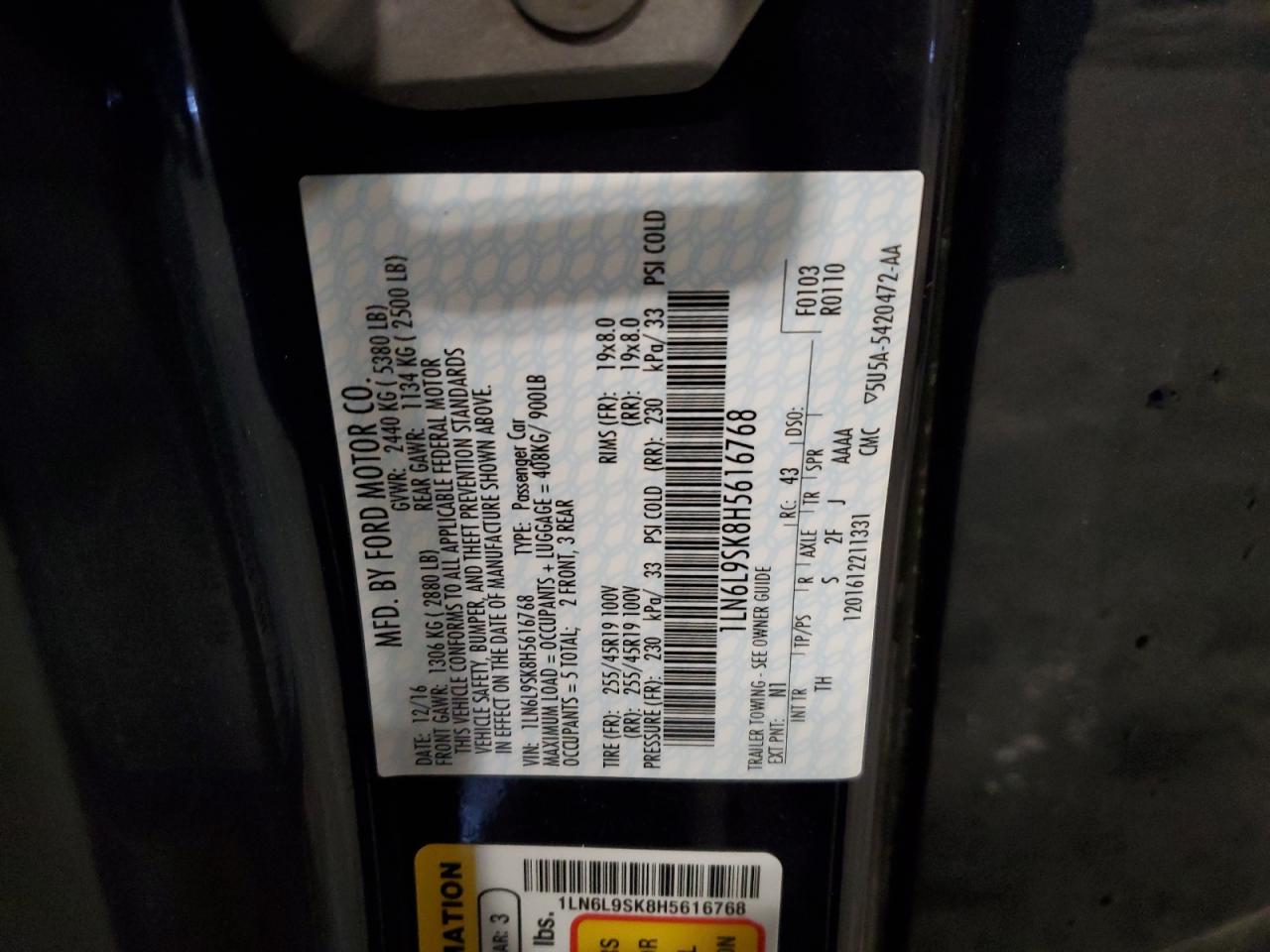 2017 Lincoln Continental VIN 1LN6L9SK8H5616768 Copart auction photo, front end / rear end damage thumbnail 12