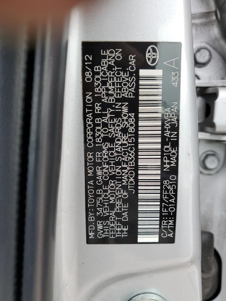 2012 Toyota Prius VIN JTDKDTB36C1518084 Copart auction photo, front end damage thumbnail 14