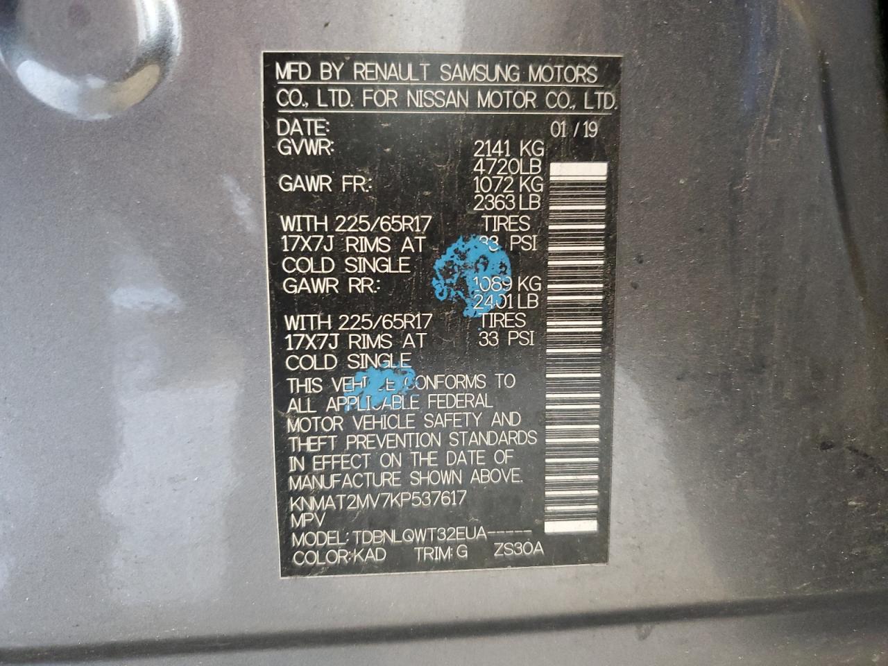 2019 Nissan Rogue VIN KNMAT2MV7KP537617 Copart auction photo, all over damage thumbnail 13