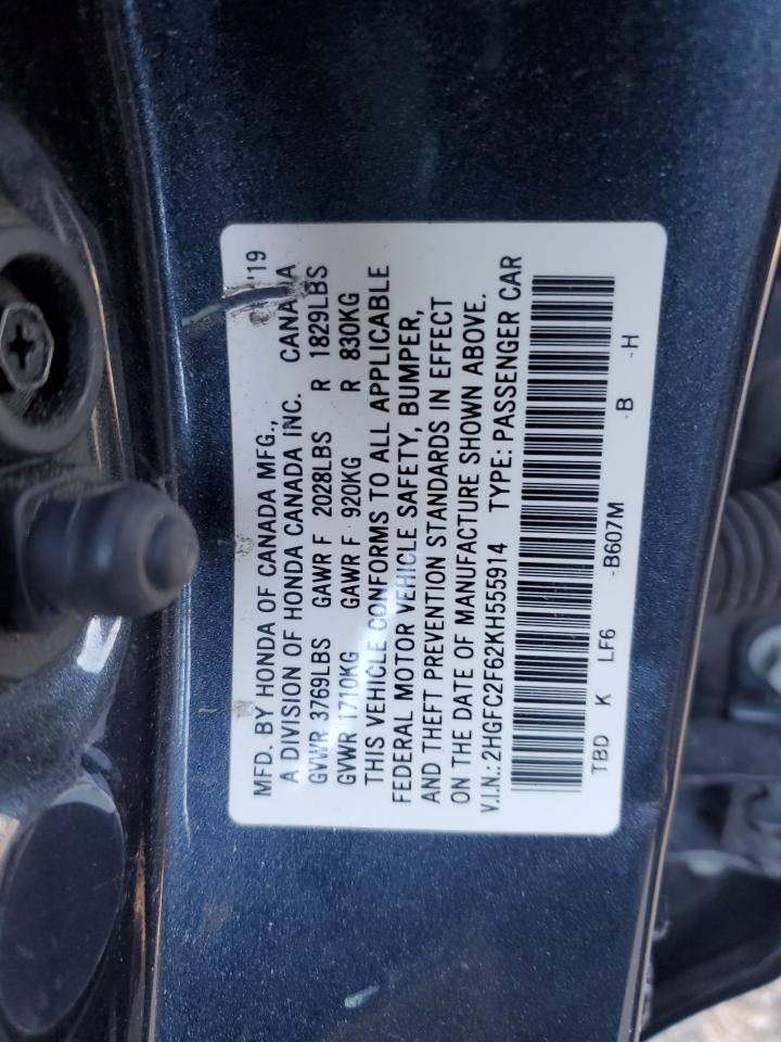 2019 Honda Civic VIN 2HGFC2F62KH555914 Copart auction photo, front end damage thumbnail 12