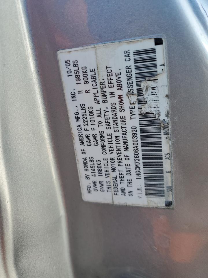 2006 Honda Accord VIN 1HGCM72606A003920 Copart auction photo, side / front end damage thumbnail 13