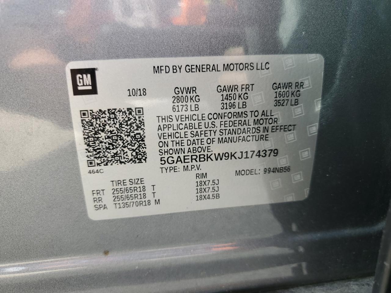 2019 Buick Enclave VIN 5GAERBKW9KJ174379 Copart auction photo, rear end damage thumbnail 14