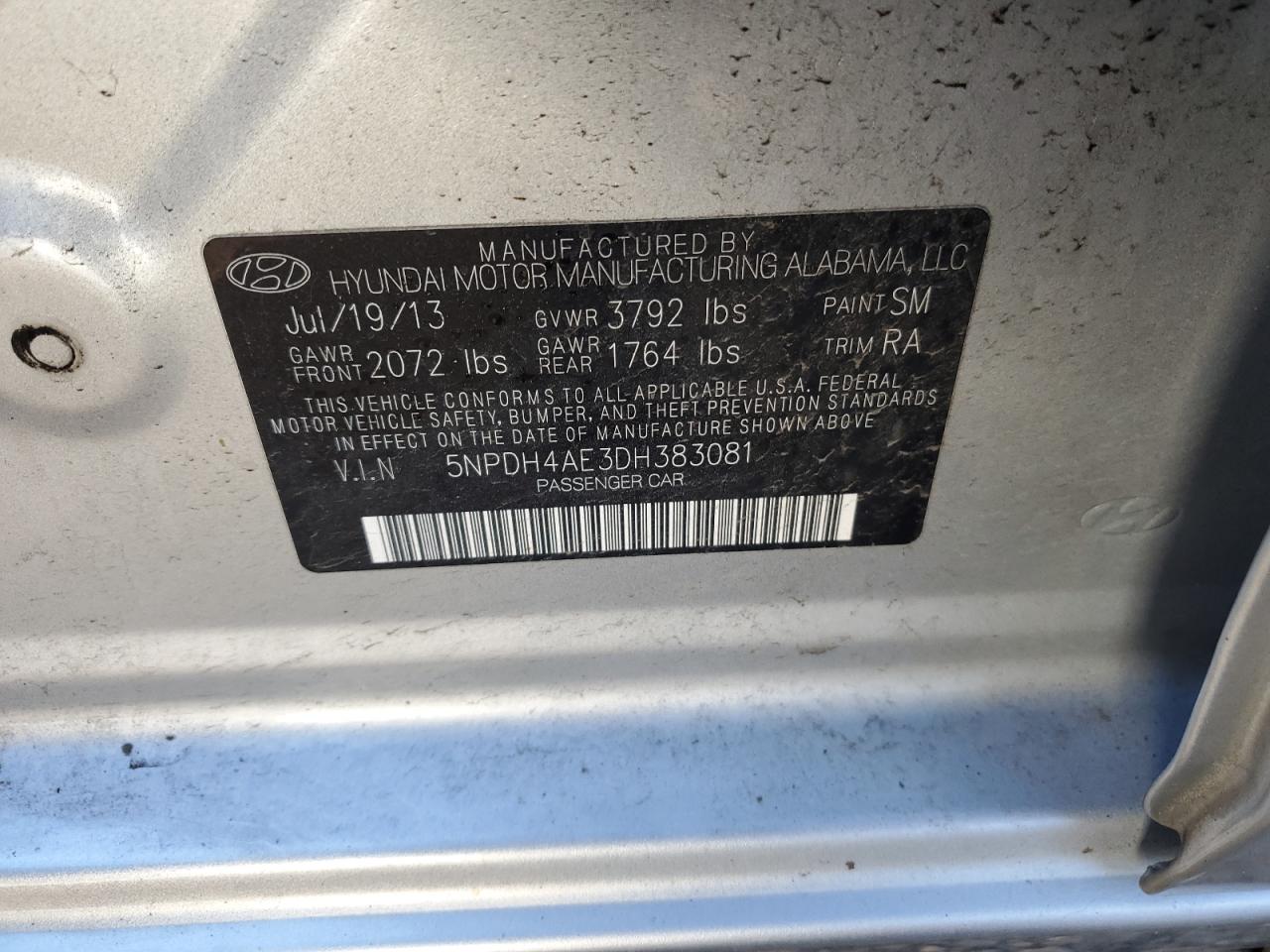 2013 Hyundai Elantra VIN 5NPDH4AE3DH383081 Copart auction photo, vandalism damage thumbnail 12