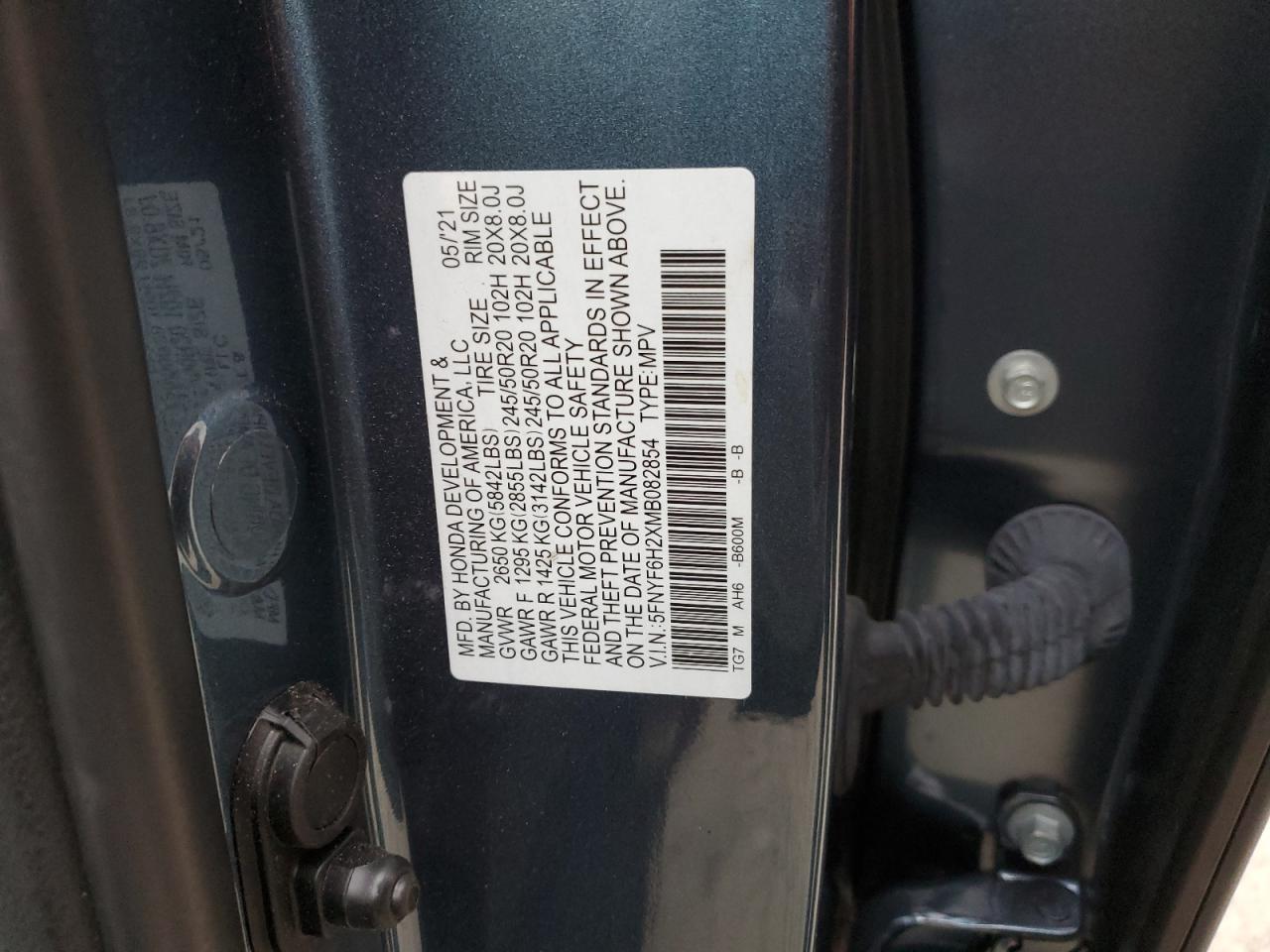 2021 Honda Pilot VIN 5FNYF6H2XMB082854 Copart auction photo, front end / side damage thumbnail 13
